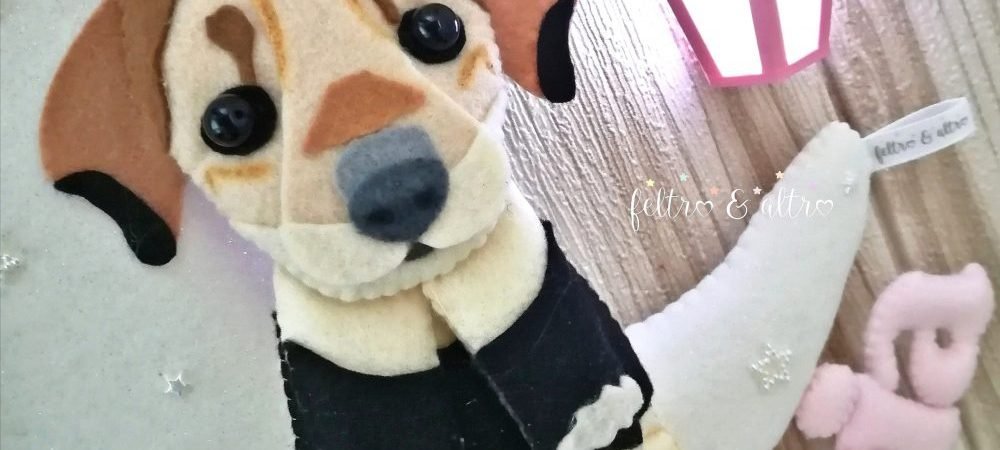 Fiocco nascita con animaletto di famiglia 2 cagnolino pannolenci