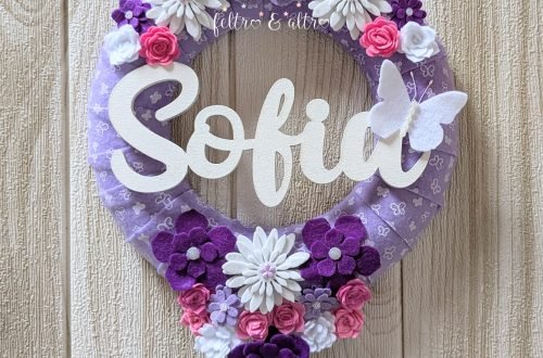 Ghirlanda nascita colorata con fiori e nome in legno