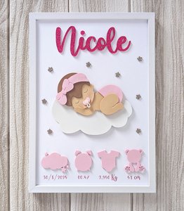 Fiocchi nascita fatti a mano e regali nascita personalizzati 22 8 - Quadretto nascita artigianale, linea BASIC - modello Buonanotte, con nome, bimba su nuvola ed info