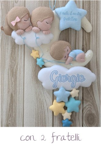 Fiocchi nascita fatti a mano - linea Deluxe - modello Annuncio Festoso 10 fiocco nascita deluxe annuncio festoso luna nuvola bimbo due fratelli stelle