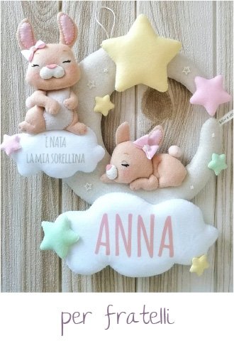 Fiocchi nascita fatti a mano - linea Deluxe - modello Teneri animaletti 10 fiocco nascita luna deluxe teneri animaletti fratelli coniglietti stelle
