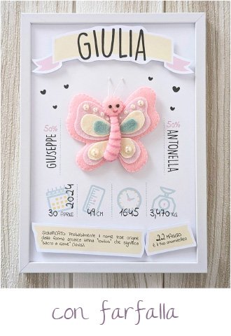 Quadretto nascita artigianale, della linea EXTRA - modello Personalizzati, con farfalla
