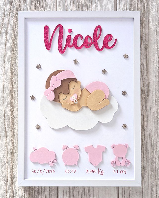 Regalo personalizzato neonato - Quadretto nascita con bimba su nuvola