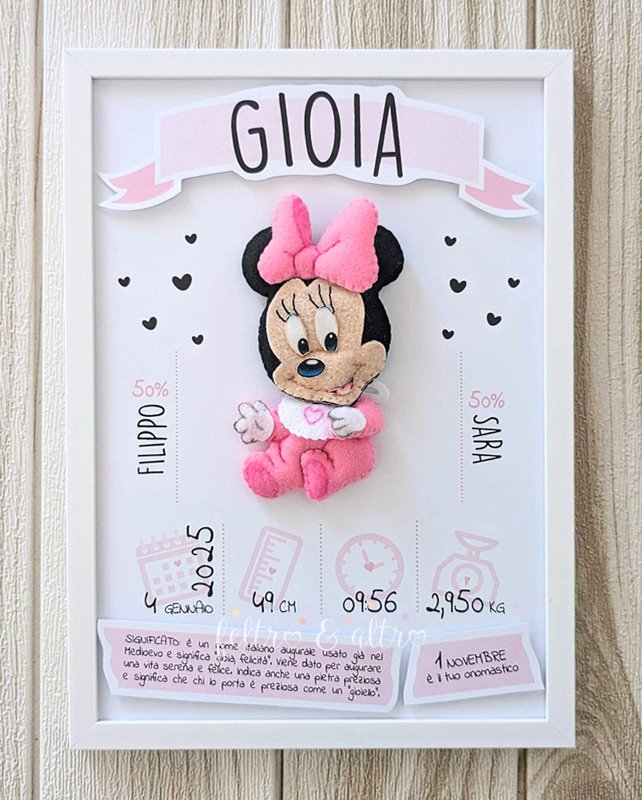Regali nascita personalizzati - Quadretti linea Extra - modello Stelle delle Fiabe 4 quadretto nascita bimba con Minnie