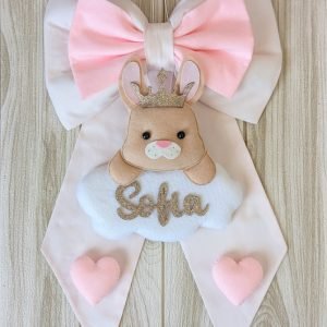 Fiocchi nascita maxi con decorazione rimovibile 4 fiocco nascita in cotone rosa con nuvola con nome e coniglietto con corona e cuori in pannolenci