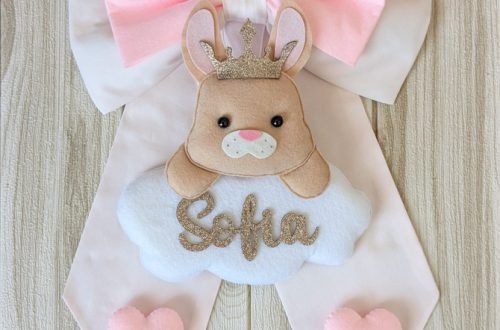 Fiocchi nascita maxi con decorazione rimovibile 16 fiocco nascita in cotone rosa con nuvola con nome e coniglietto con corona e cuori in pannolenci
