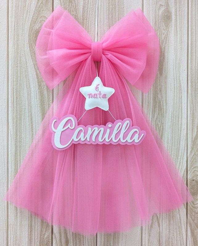 Fiocco nascita in tulle con stella e nome in fommy colorato